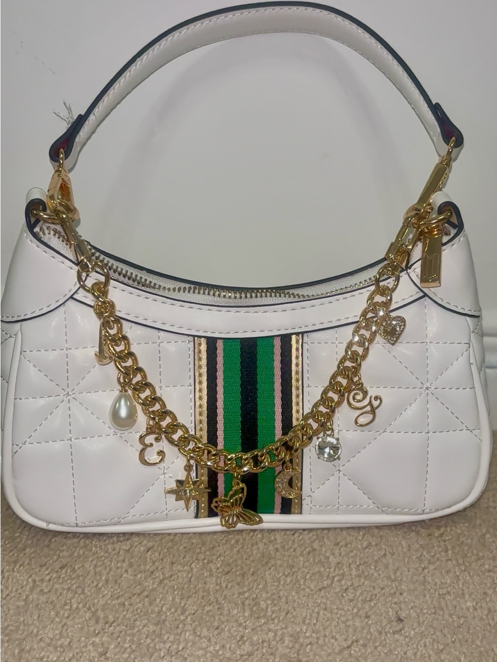Aldo White Quilted Shoulder Bag with Charm Chain